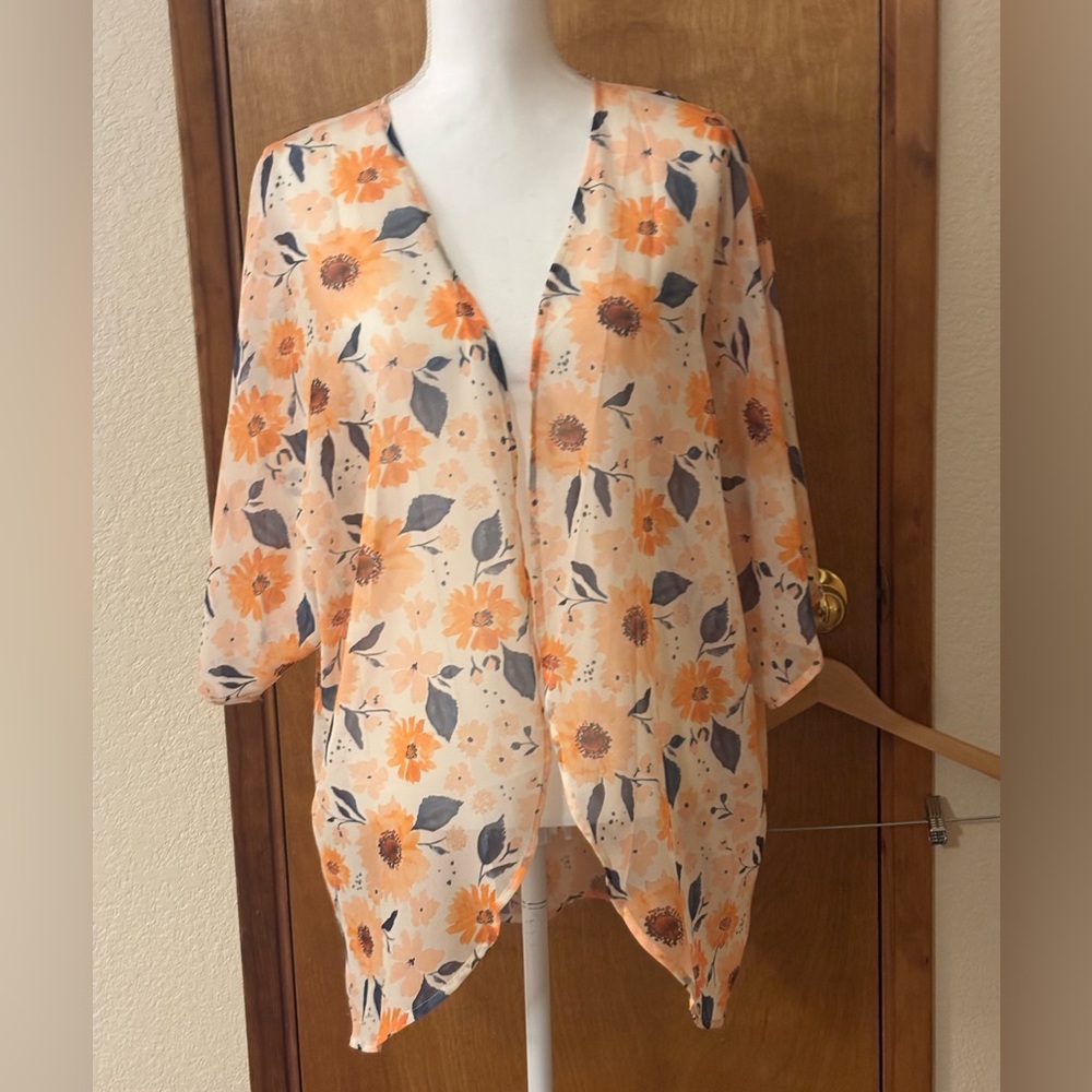 Floral Open-Front Kimono Tunic in Orange